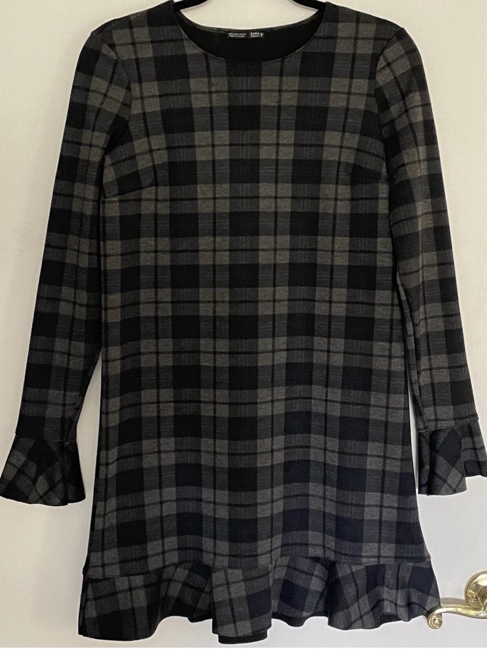 Zara Black & Gray Plaid Ruffle-Hem Dress